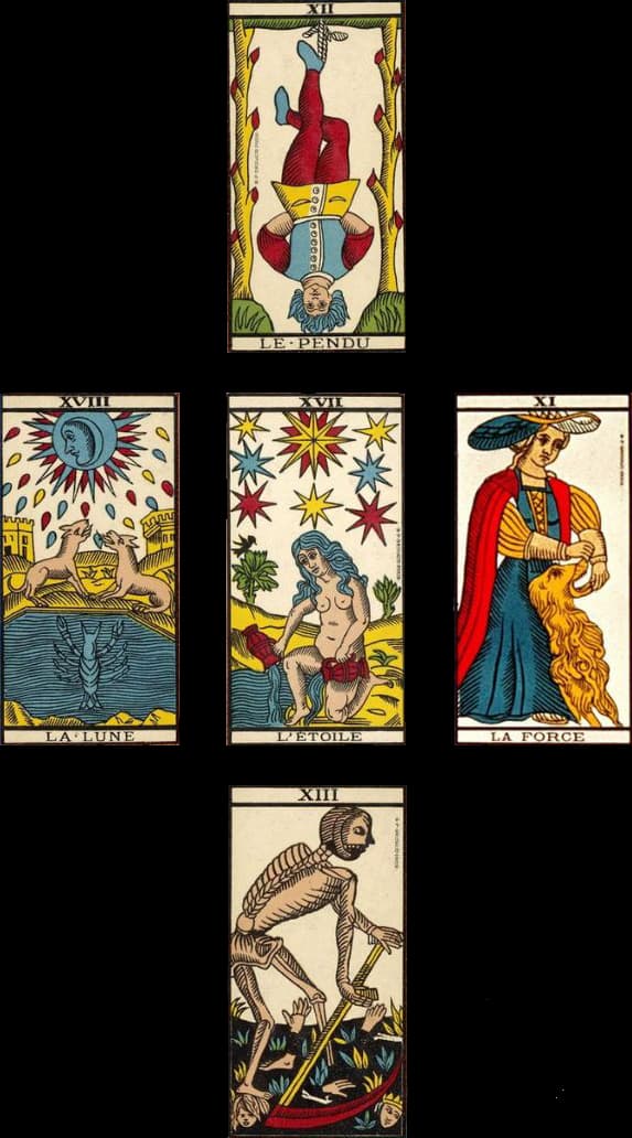Exemple de tirage de tarot structuré sur une table