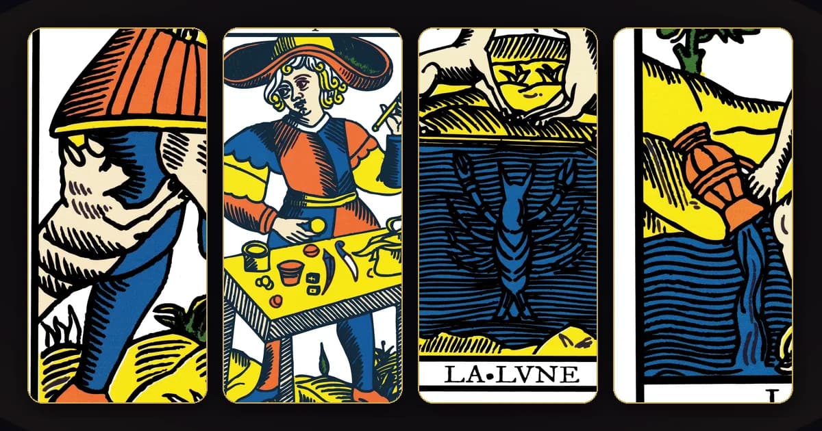 Détails de lames du Tarot de Marseille : l’animal du Mat, le chapeau du Bateleur, l’écrevisse de la Lune et la cruche de l’Étoile