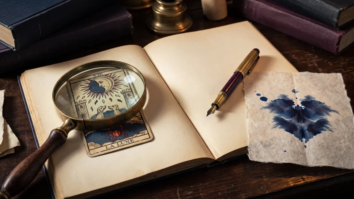 Lupe auf dem Mond des Tarot de Marseille, aufgeschlagenes Notizbuch, Füllfederhalter und ein symmetrischer Tintenklecks
