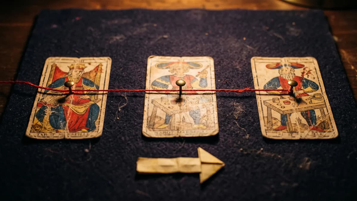 Drei Tarotkarten in einer Reihe auf dunklem Filz, durch einen festgesteckten roten Faden verbunden, daneben ein Papierpfeil