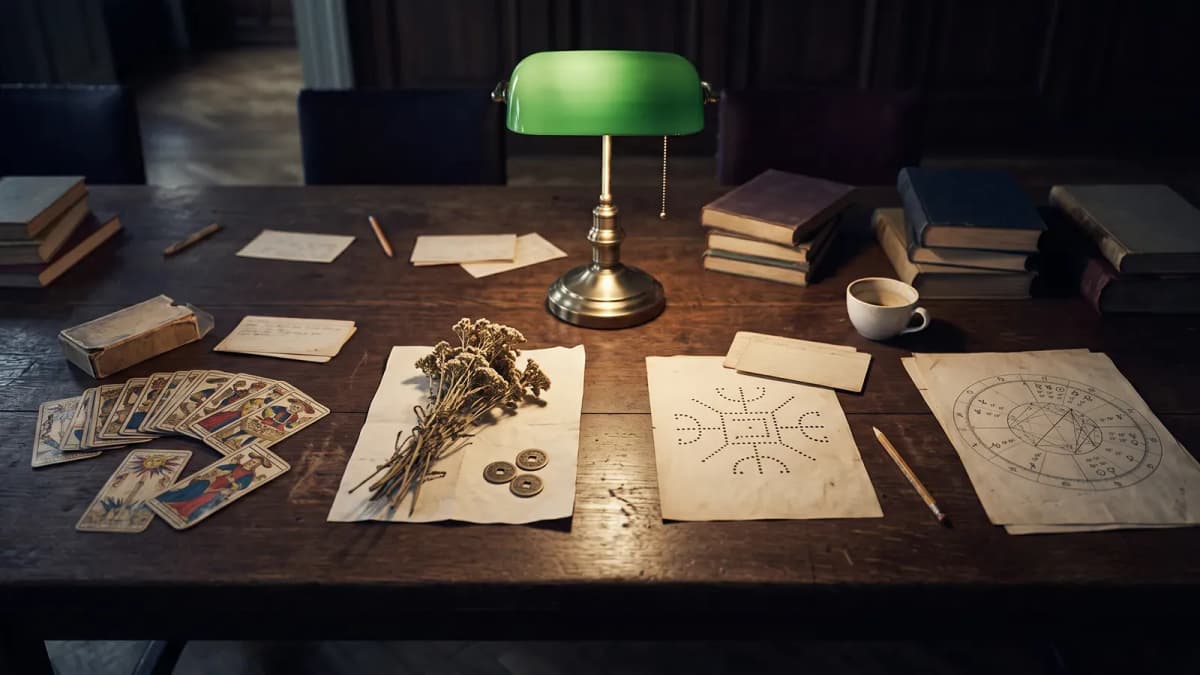 Mesa de estudio bajo una lámpara verde: baraja de tarot, monedas chinas, tallos de milenrama, figura geomántica y carta astral