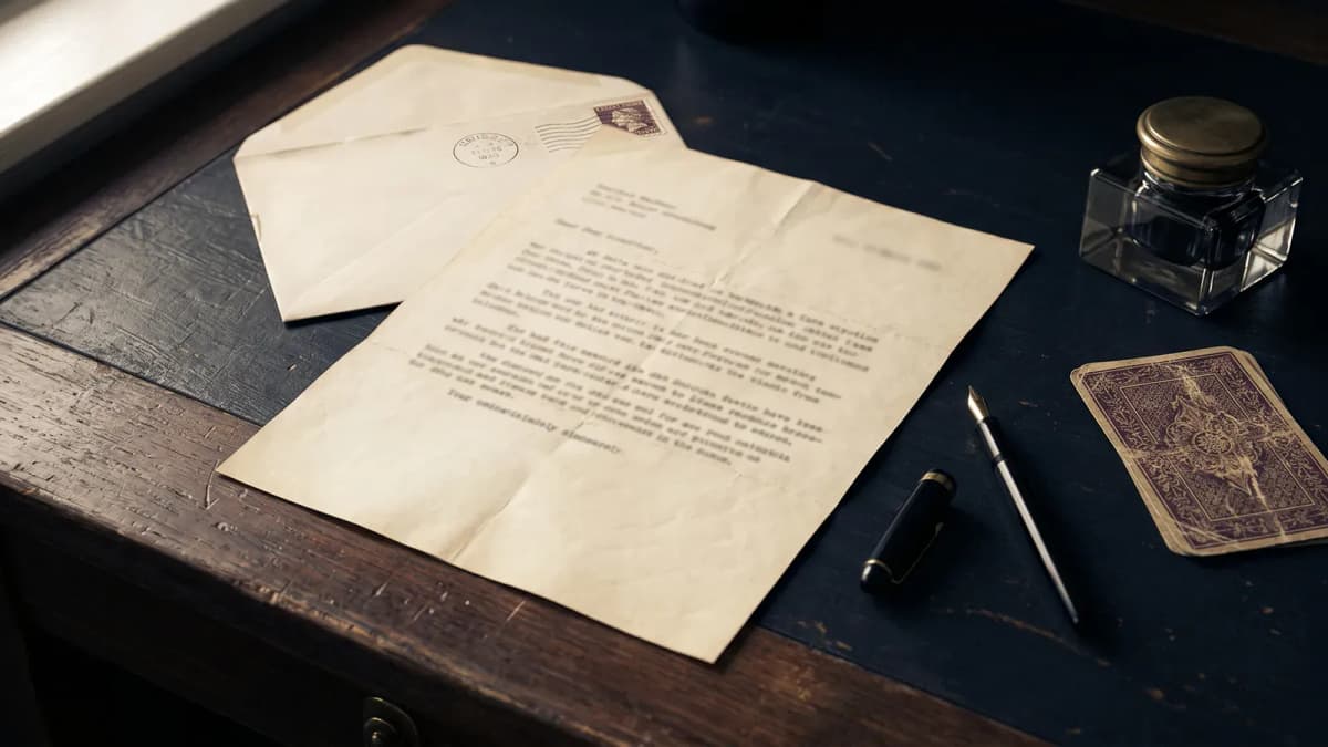 Carta mecanografiada de 1930 sobre un escritorio, con sobre sellado, pluma estilográfica y una carta de tarot boca abajo