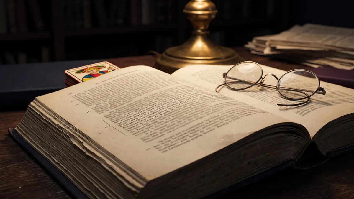Libro antiguo abierto con números de párrafo en el margen, gafas redondas y una carta de tarot como marcapáginas