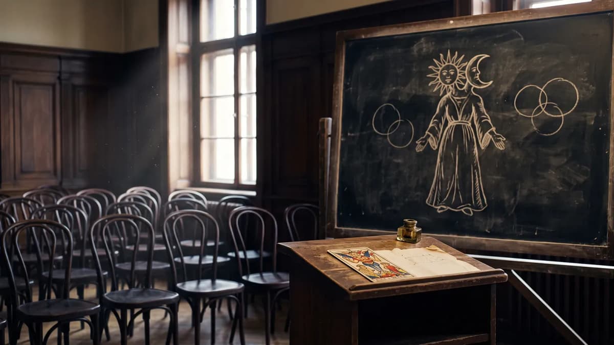 Sala de seminario vacía de los años treinta: pizarra con una figura de dos cabezas, sol y luna, y la carta de El Diablo